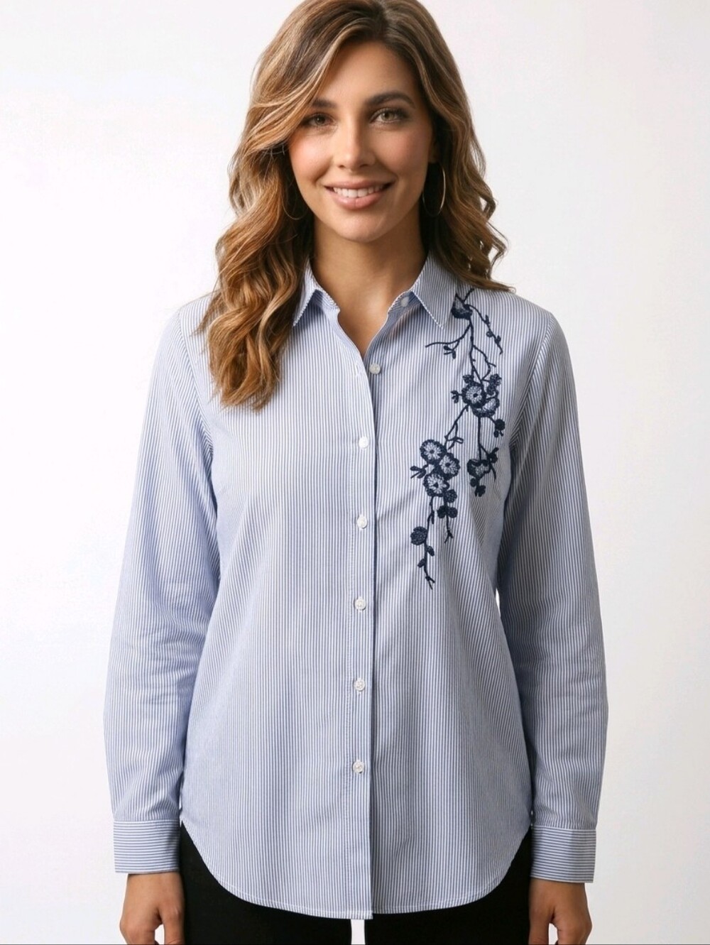 Life Style | Button Down Blue Stripe Embroidered Blouse Size M